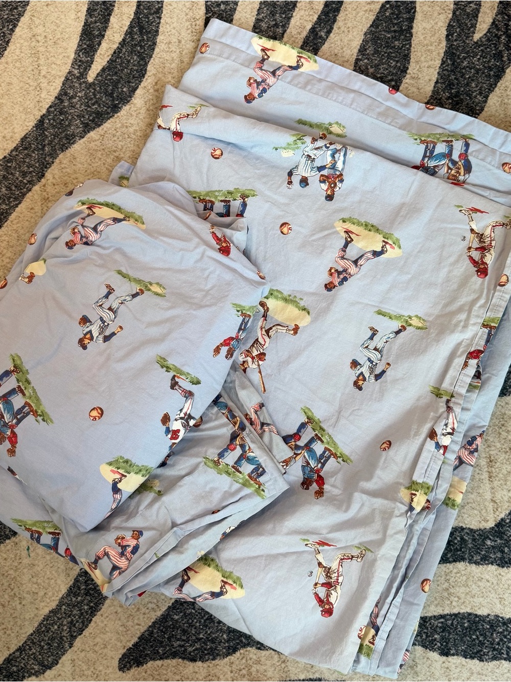 Pottery Barn Kids Vintage Baseball Organic Sheet Set Full Fitted Flat and Case
